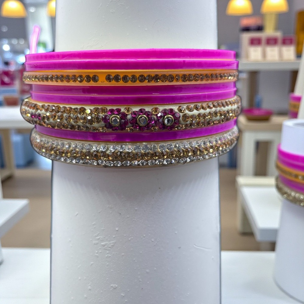 Set Of 8 Rhinestone Bangles Pink Orange Crystal Sparkly Festival Boho Jewelry